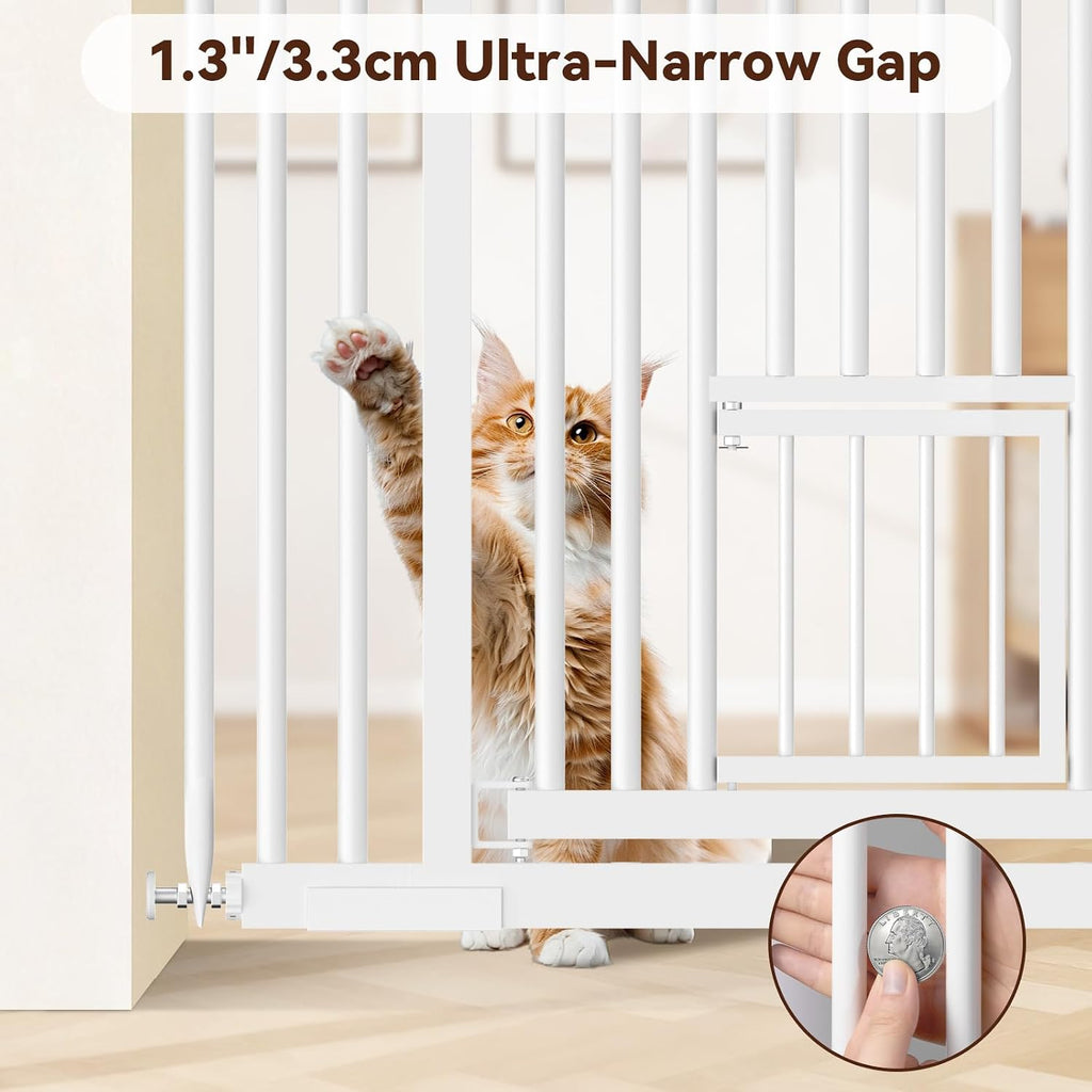 54"-87" Height Adjustable Extra Tall Cat Gate for Doorway, 27.1"-33" Wide Pet Gate with Cat Door & Extension Kits, Press