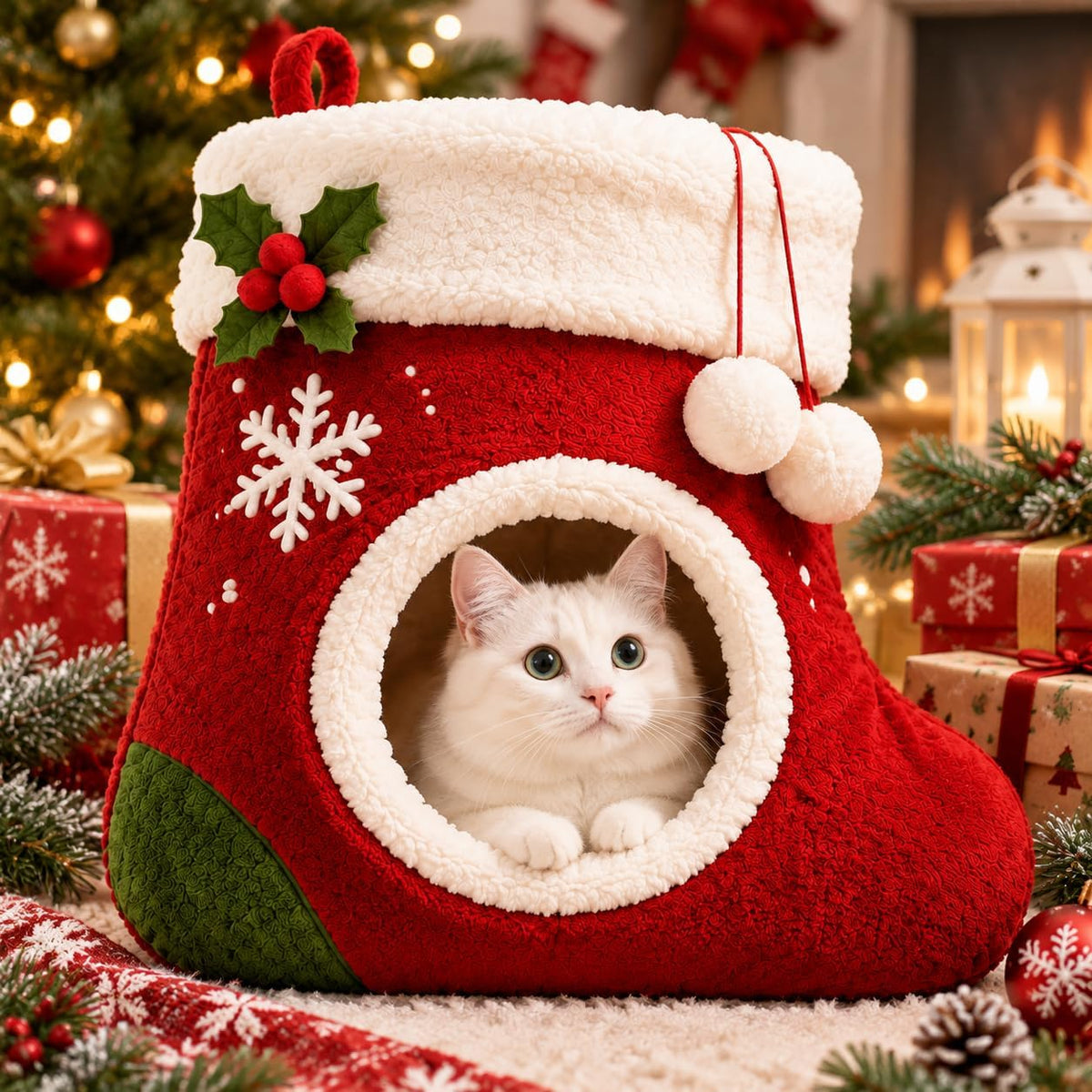 Christmas Cat Cave Bed Enclosed Cat House for Indoor Cats Christmas Stocking Shape Warm Soft Plush Cat Hideaway Bed Anti