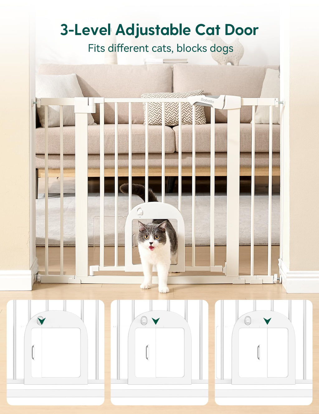 Babelio Dog Gate with Adjustable Cat Door, CatPrivilege III, 29-43", White