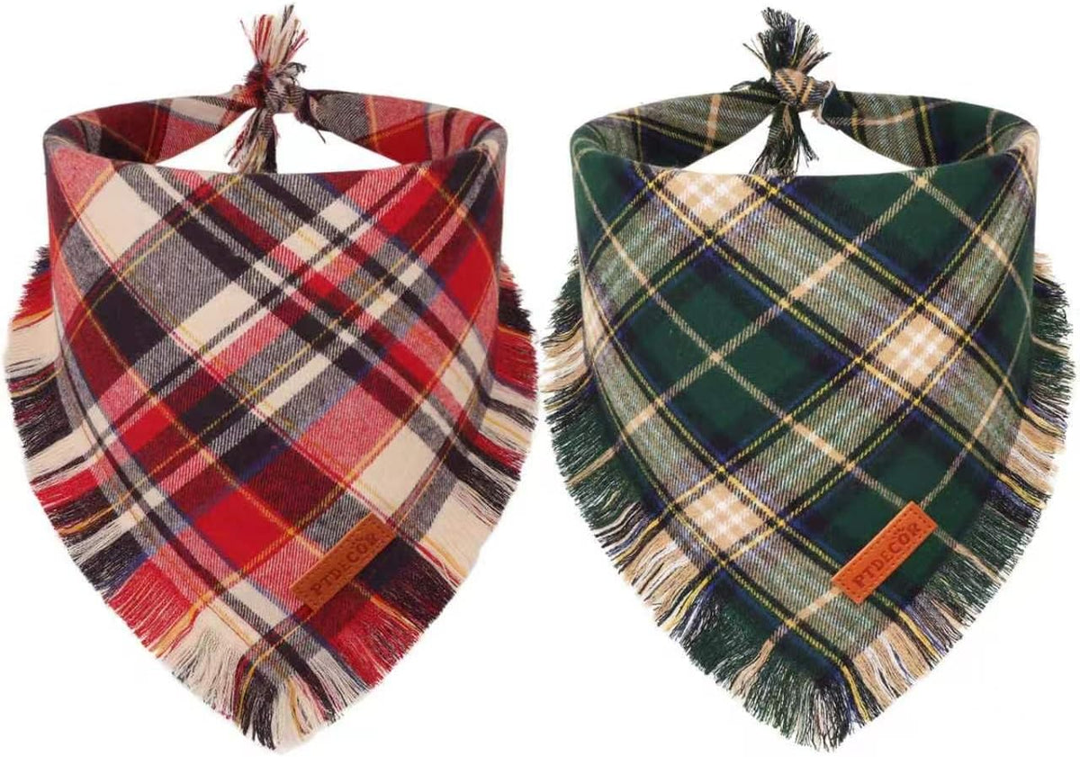 PTDECOR Plaid Fall Dog Bandana, Brown Red Thanksgiving Pet Scarf, X-Large