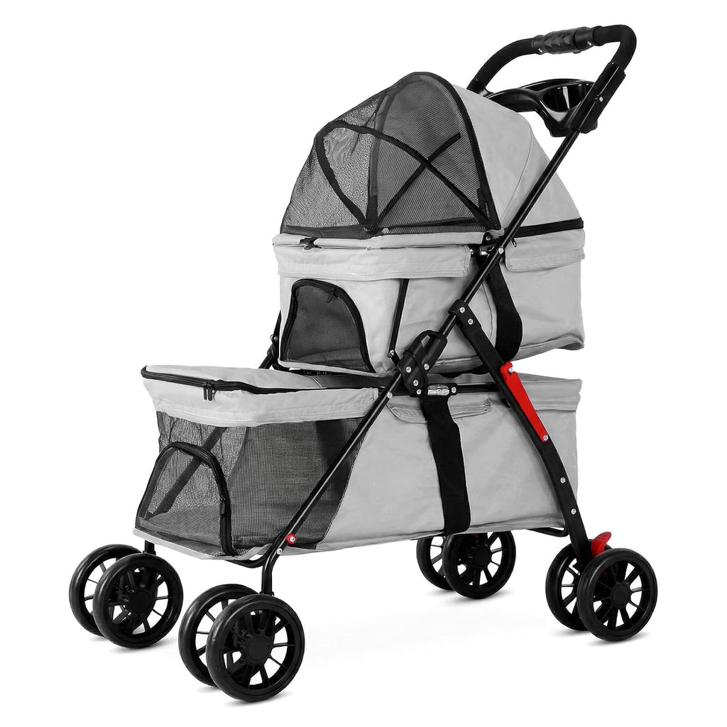 Double Pet Stroller for Small Cats and Dogs Foldable Kittens Puppies Travel Strolling Cart with Belts Cup Holder & Locka
