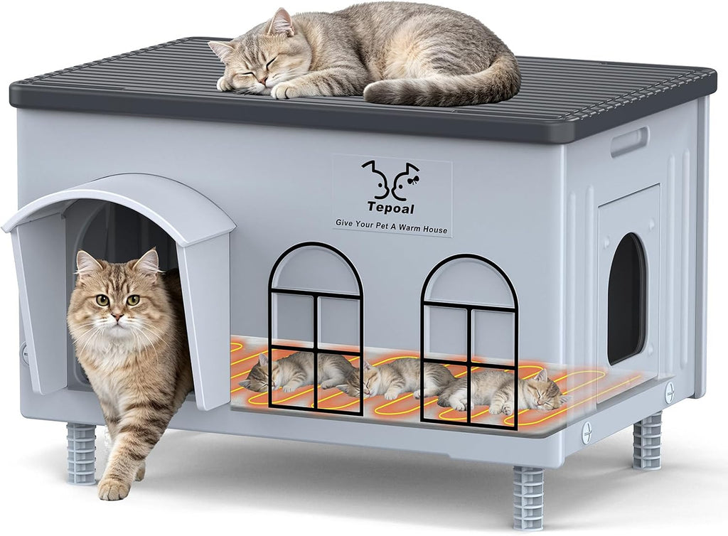 17.7"x17"x17.5" Indestructible Heated Cat House for Outside Winter, Weatherproof Outside Cats Shelter with Safety Escape