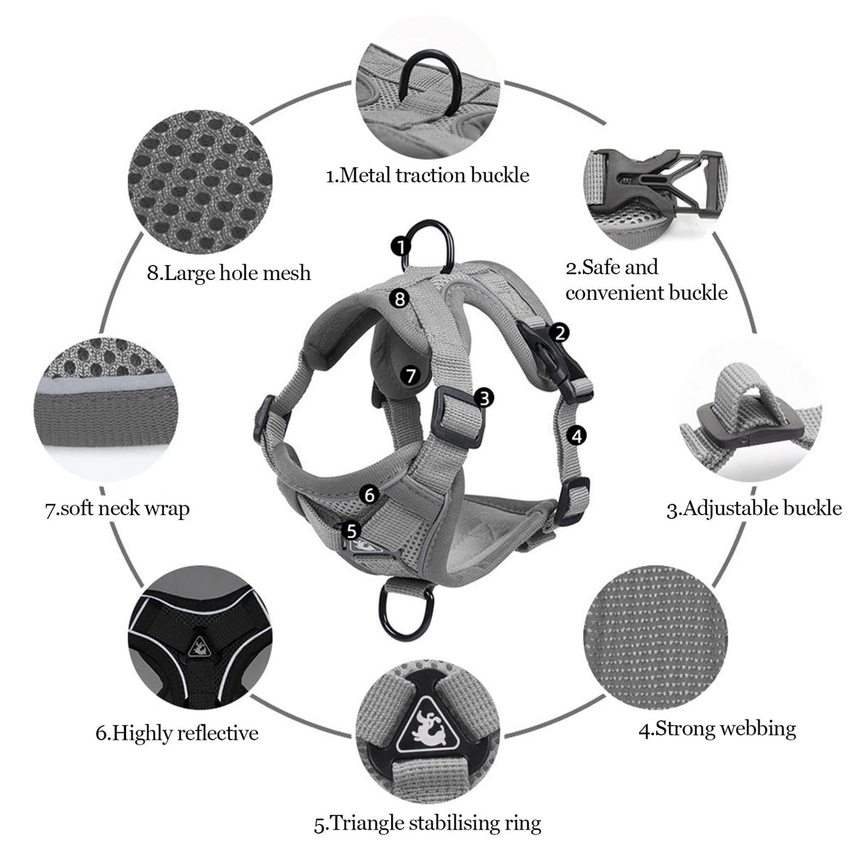 Wanheart Cat Harness and Leash, Adjustable Mesh Vest，Grey, S