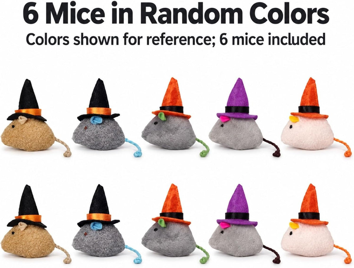 Halloween Cat Toys, 6-Pack Witch Hat Mice with Felt Gift Bag
