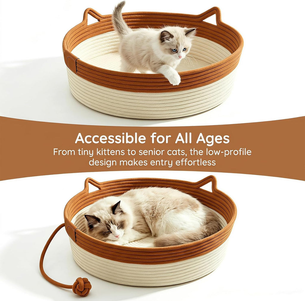Hand-Woven cat Bed Basket with a Hanging Ball for Better Breathability (Caramel, Large)