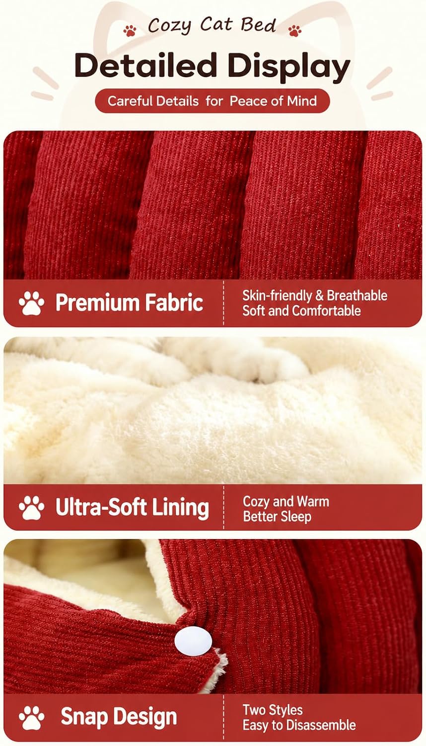Cat Houses Bed for Indoor Cats, Cat Bed Cave Cat House (Red, S)