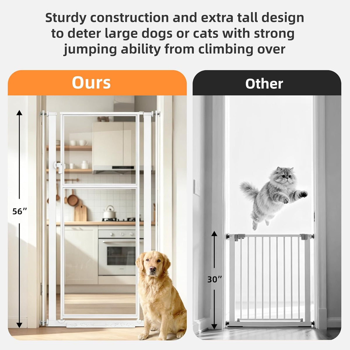 56" Extra Tall Clear Cat Gate, 29.5‑33.5" Wide Pet Gate for Doorways, White