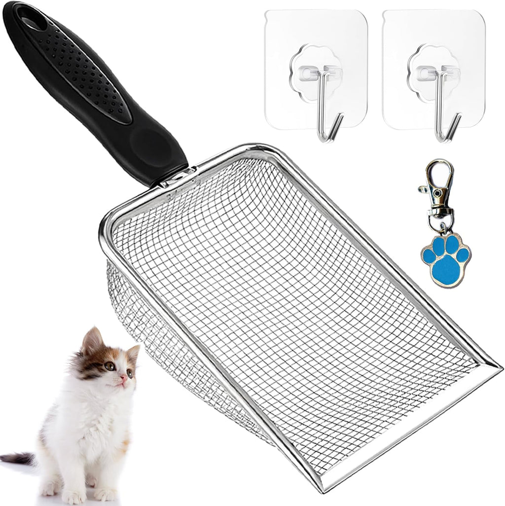 Cat Litter Scoop, Stainless Steel Cats Sturdy Mesh Scooper Kitty Metal Scooper Long Handle Scooper Shovel Sifter for All