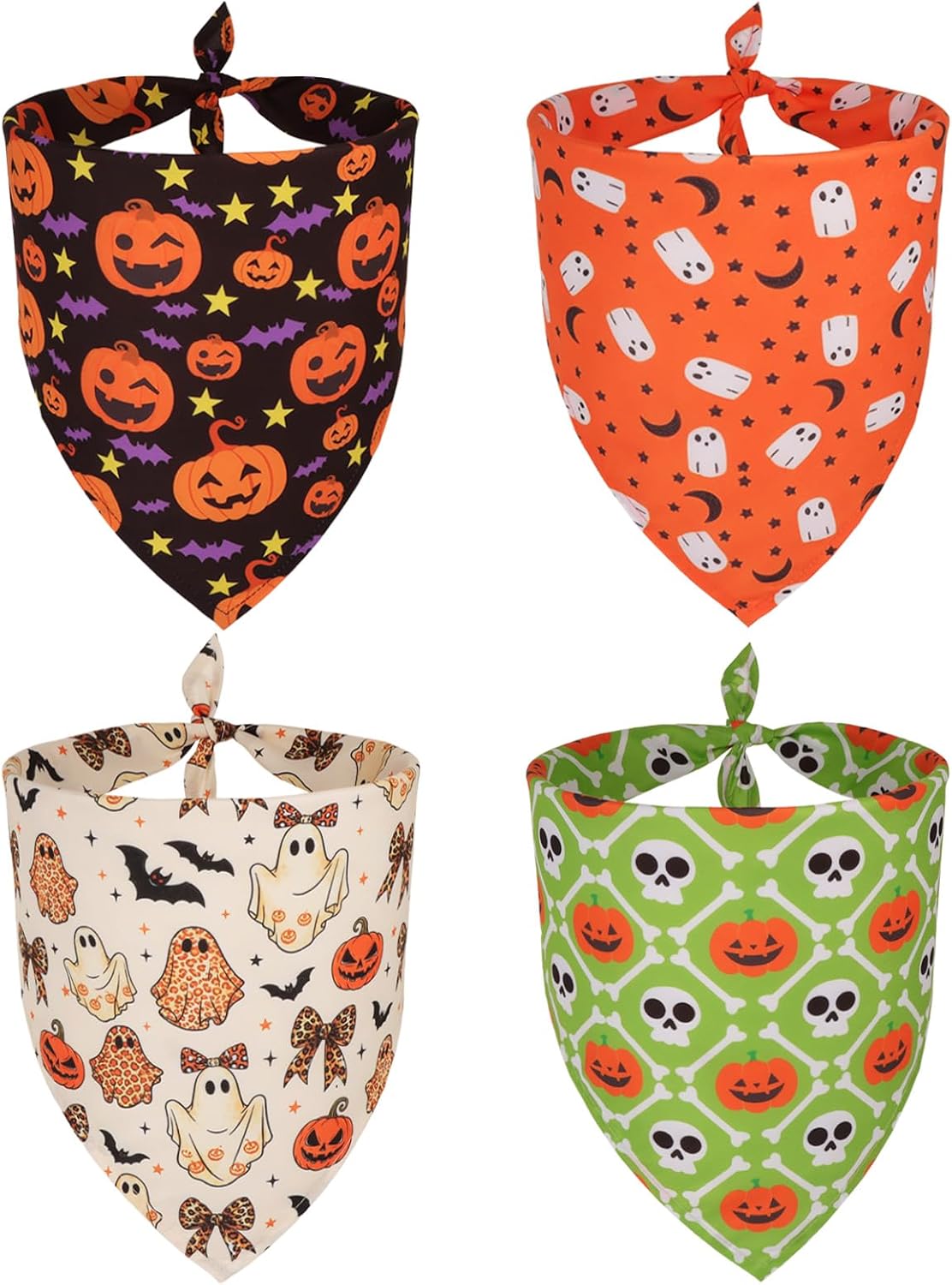 PTDECOR 4 Pack Halloween Dog Bandanas Pumpkin Ghost Bow Fall Scarf, Large