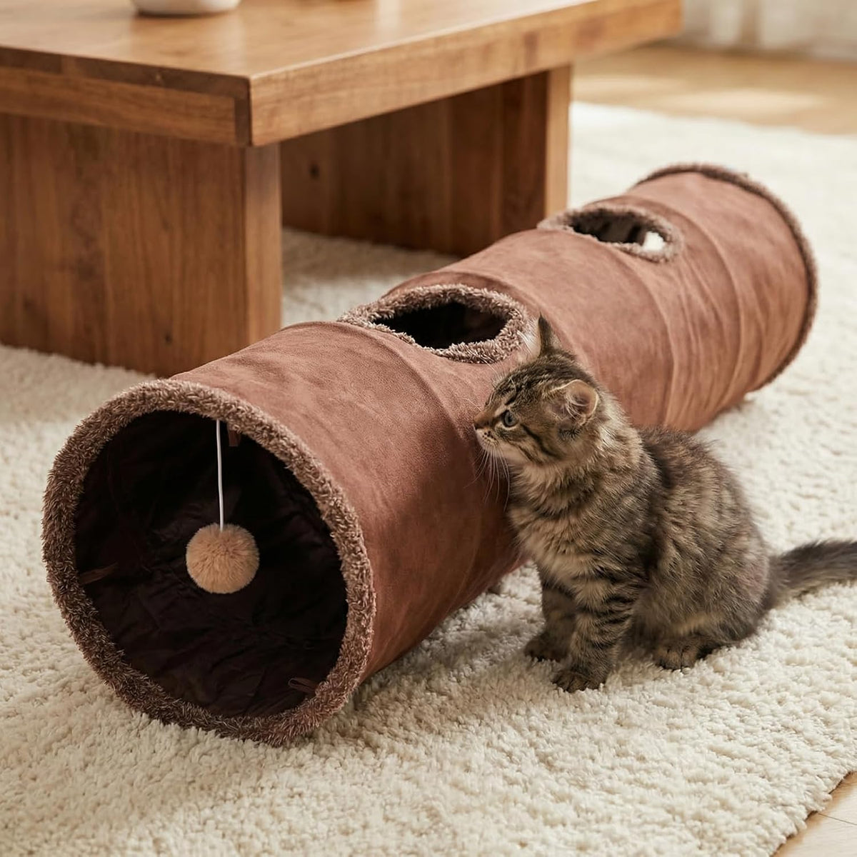 51"x 12" Collasiple Cat Play Tunnel, Cats Tubes and Tunnels, Cat Foldable Hide and Seek Tunnel Toy, Brown Suede Pet Tube