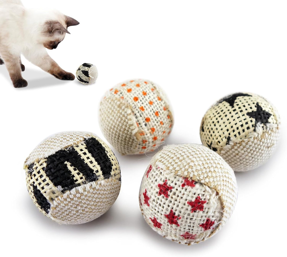 TTcat Canvas Burlap Cat Toy Balls, 4 Pack Natural Woven Linen Cat Play Balls, Durable Textured Kitten Chew Chase Toys, L