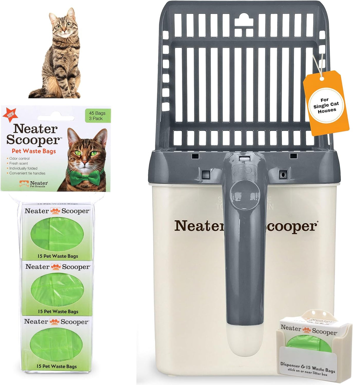 Neater Pet Brands Neater Scooper Standard Litter Scoop, 60 Refill Bags – Mess-Free Cat Litter Scooper with Bag, Spill-Pr