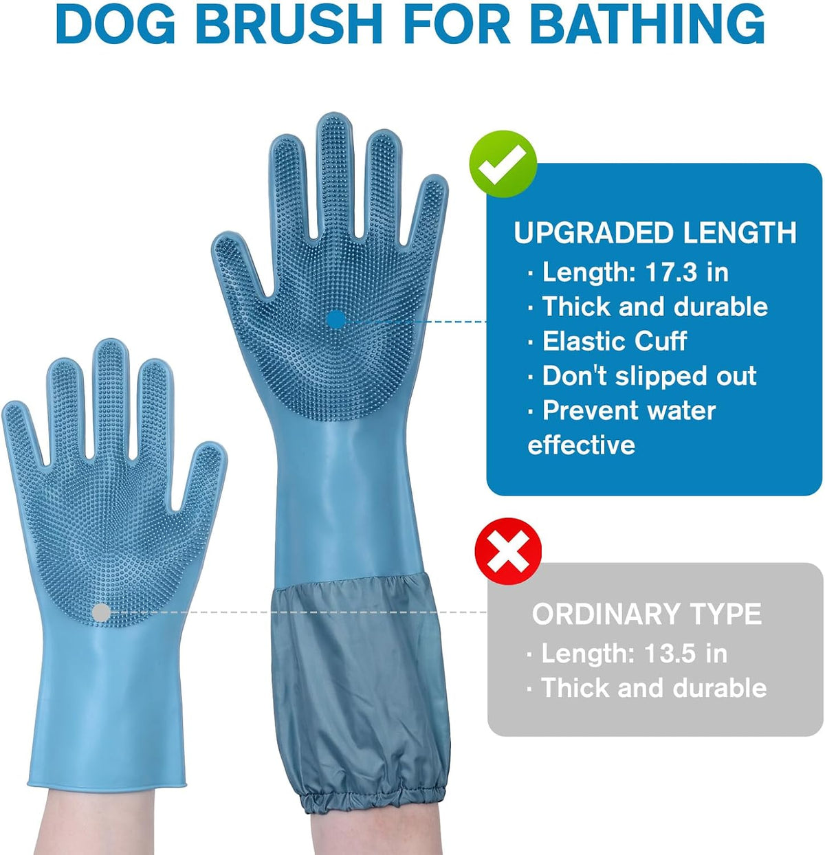 Pet Grooming Gloves 17.3 Inch Extra Long Dog Washing Gloves, Blue