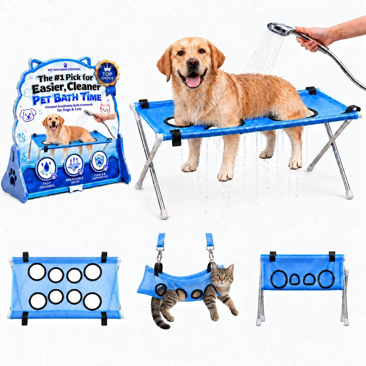 Dog Grooming Hammock with Foldable Stand for Bathing and Showering Pets