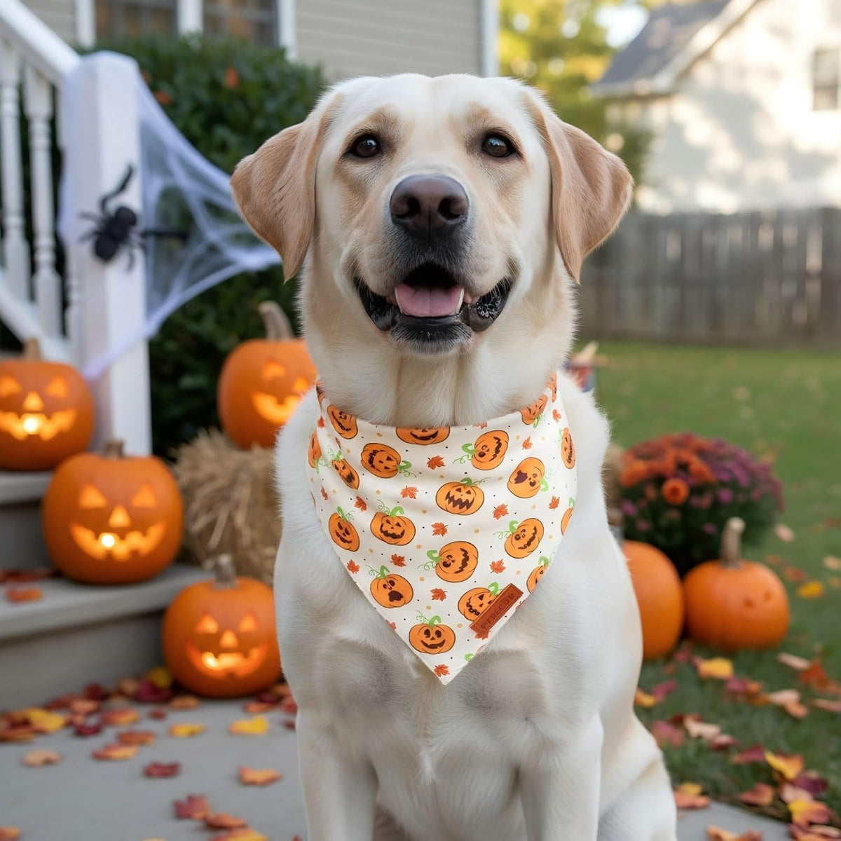 PTDECOR Halloween Dog Bandanas, Yellow Jack-o'-lantern Pet Scarf, Large