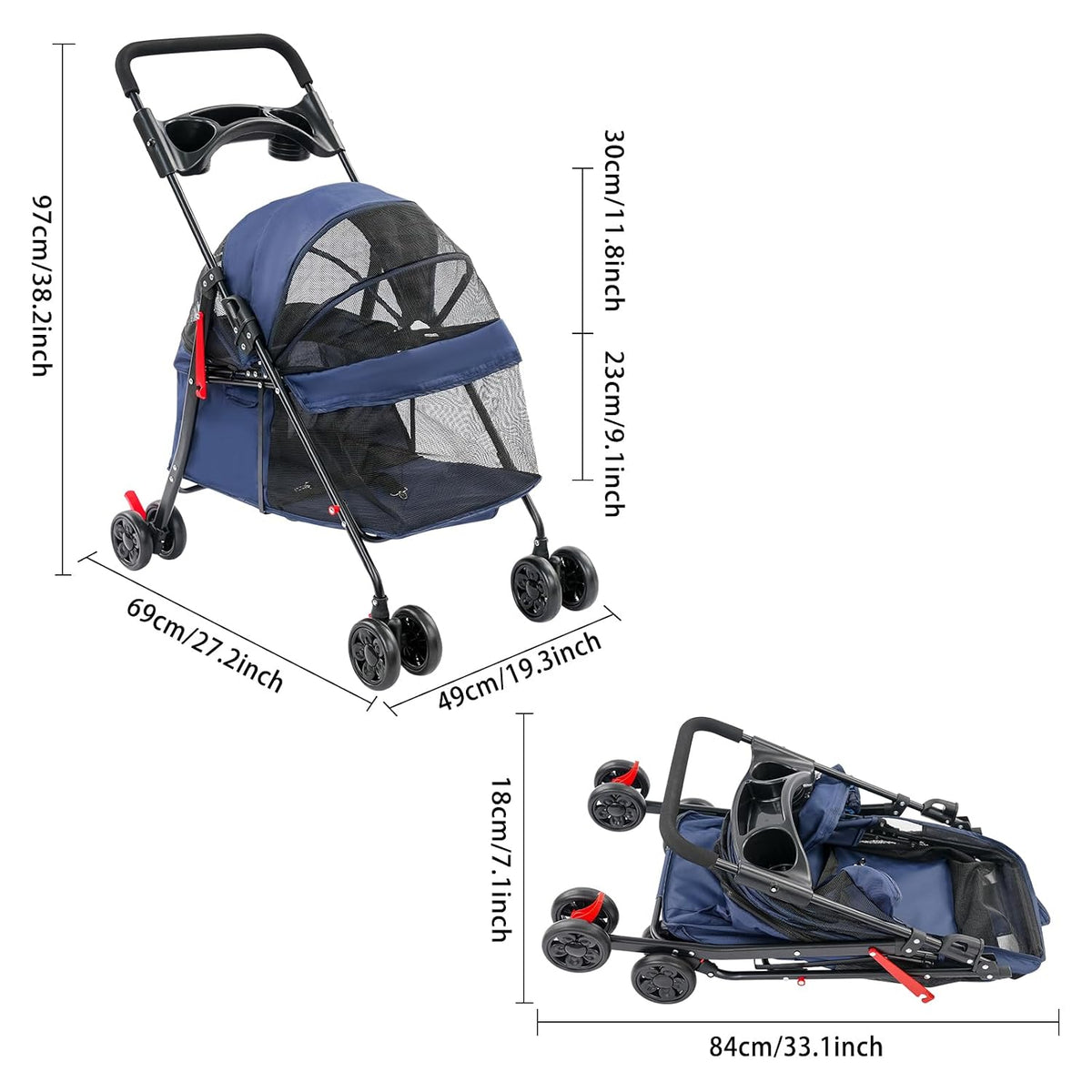 Foldable Pet Cart, Lightweight Travel Pet Stroller with 360°Wheels(Blue)