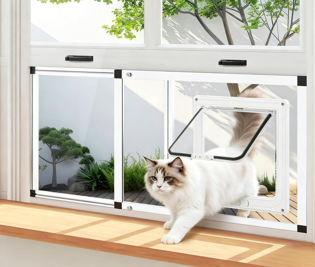 Full Glass Cat Door for Window,32"-37" Adjustable Width,1-Min Install | 4 Locking Modes,Aluminum Frame,HD Glass,Magnetic Closure,Weatherproof Sliding Pet Door Window Insert for Cats Catio