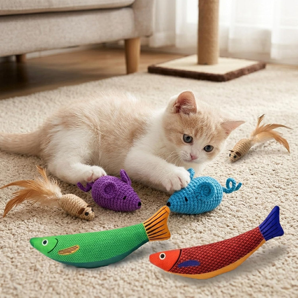 6 Pack Interactive Cat Toy - Crochet Mouse and Catnip Fish Set