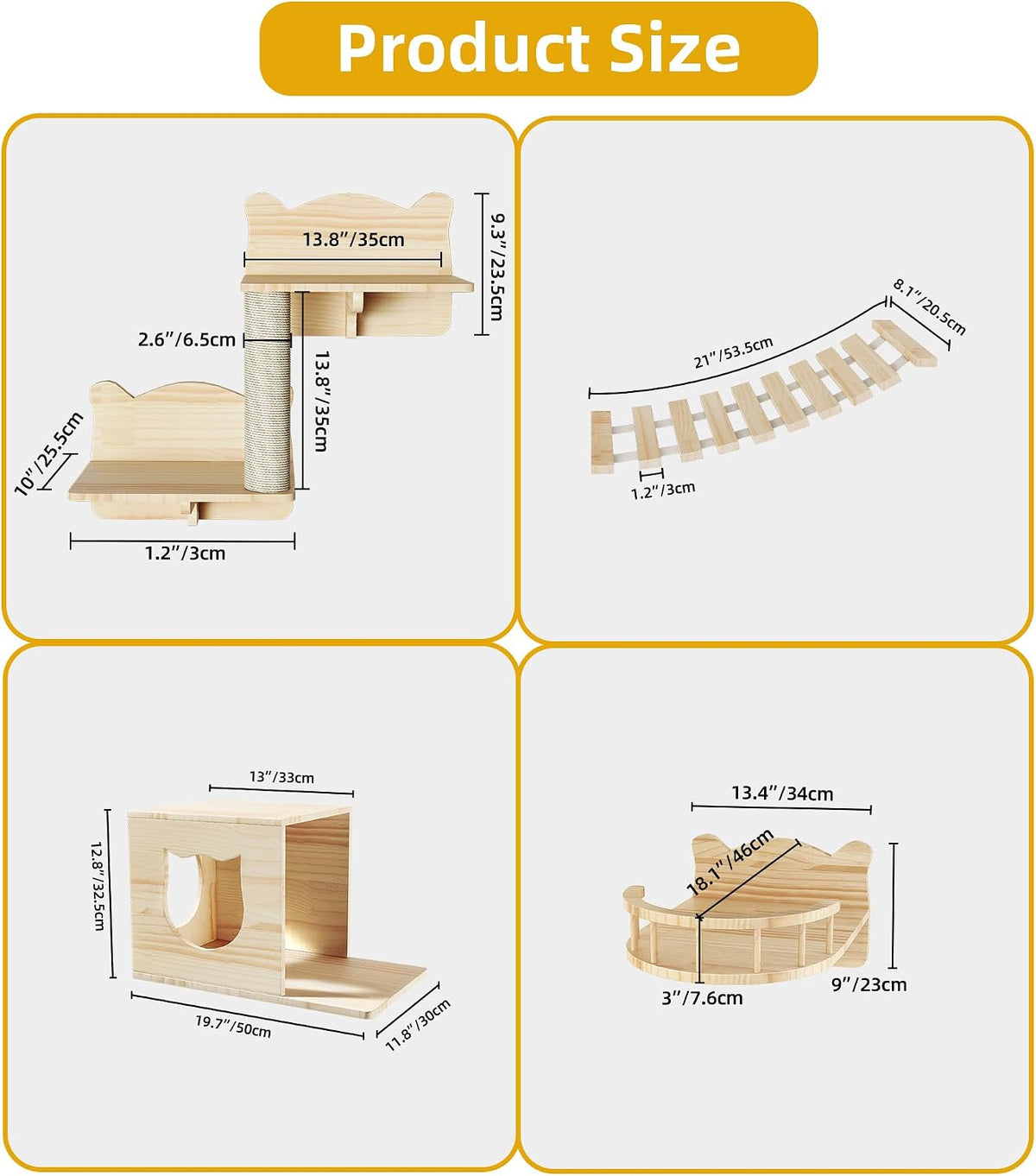 Cat Wall Shelves, 9-in-1 Wood Cat Wall Furniture Set, Burlywood