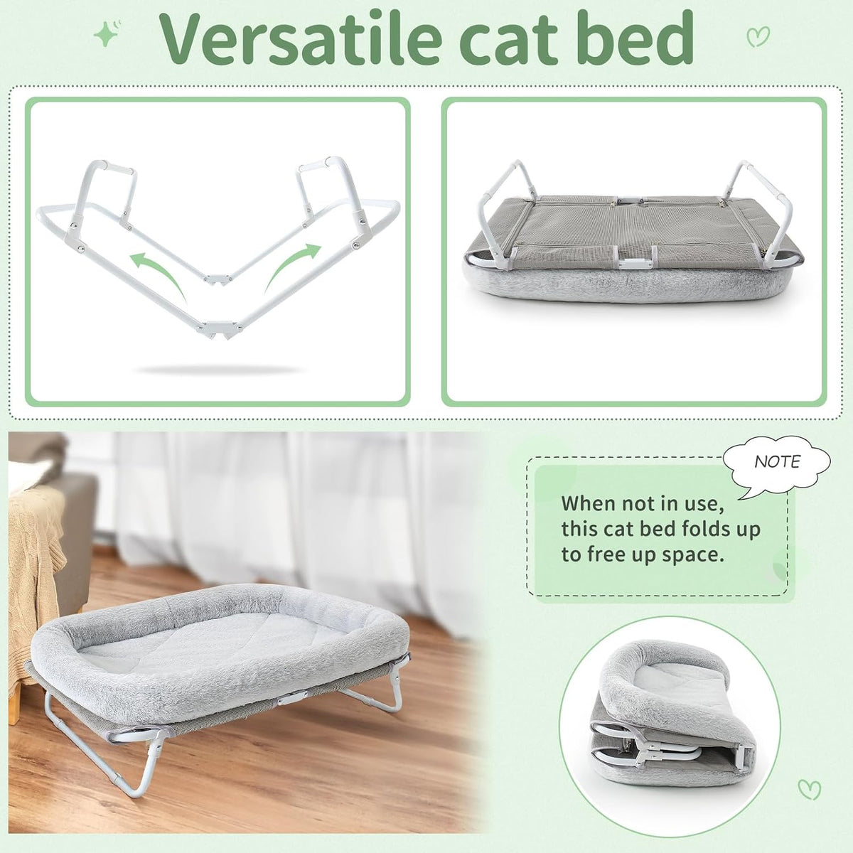 Sunhoo Elevated Cat Bed Foldable Raised Pet Hammock Self-Supporting Puppy Lounger with Off Floor Metal Frame Washable Co