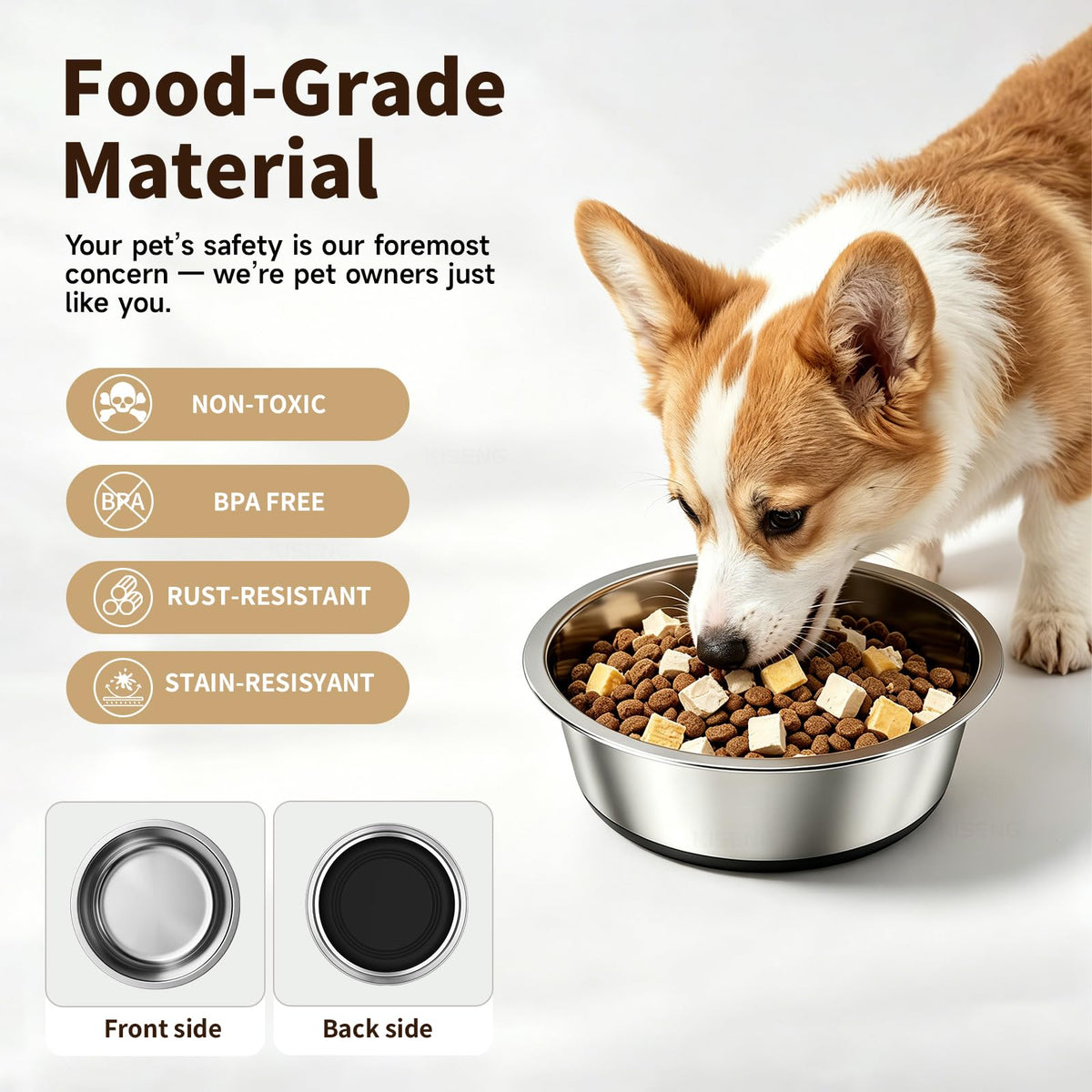 KISENG Stainless Steel Dog Bowls, 3.8 Cup, 2 Pack, Non-Slip & Durable