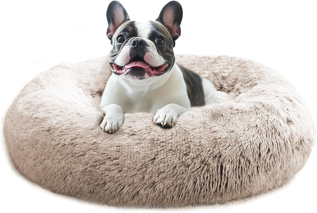 JOLLYVOGUE Calming Dog Bed Medium Size Dog, Anti-Anxiety Donut Medium Pet Bed, 27 inches Fluffy Faux Fur Round Cat Bed (