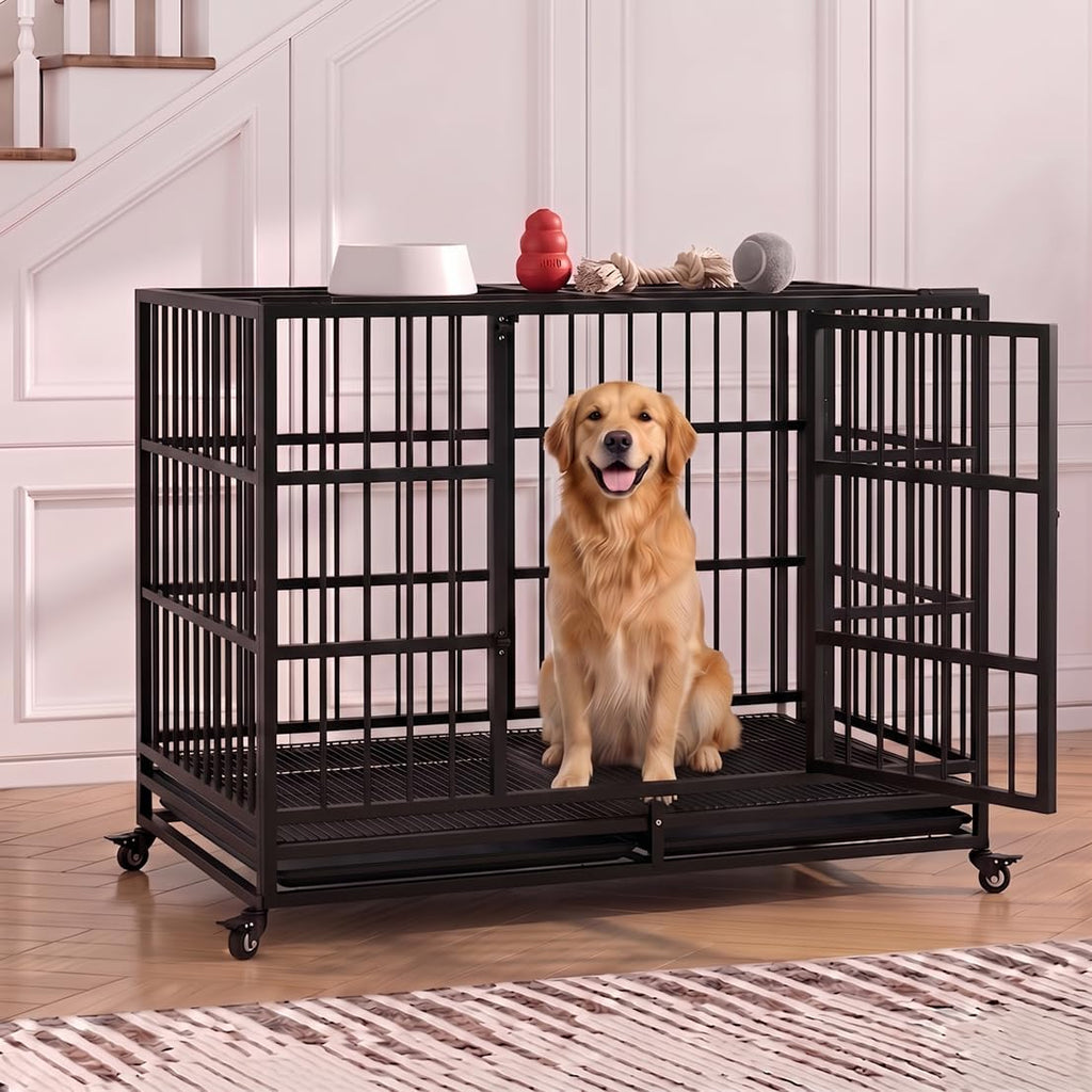 KOKOTANGS 48 Inch Heavy Duty Dog Crate Cage with Wheels, Indestructible and Escape Proof Steel Kennel Indoor for High An