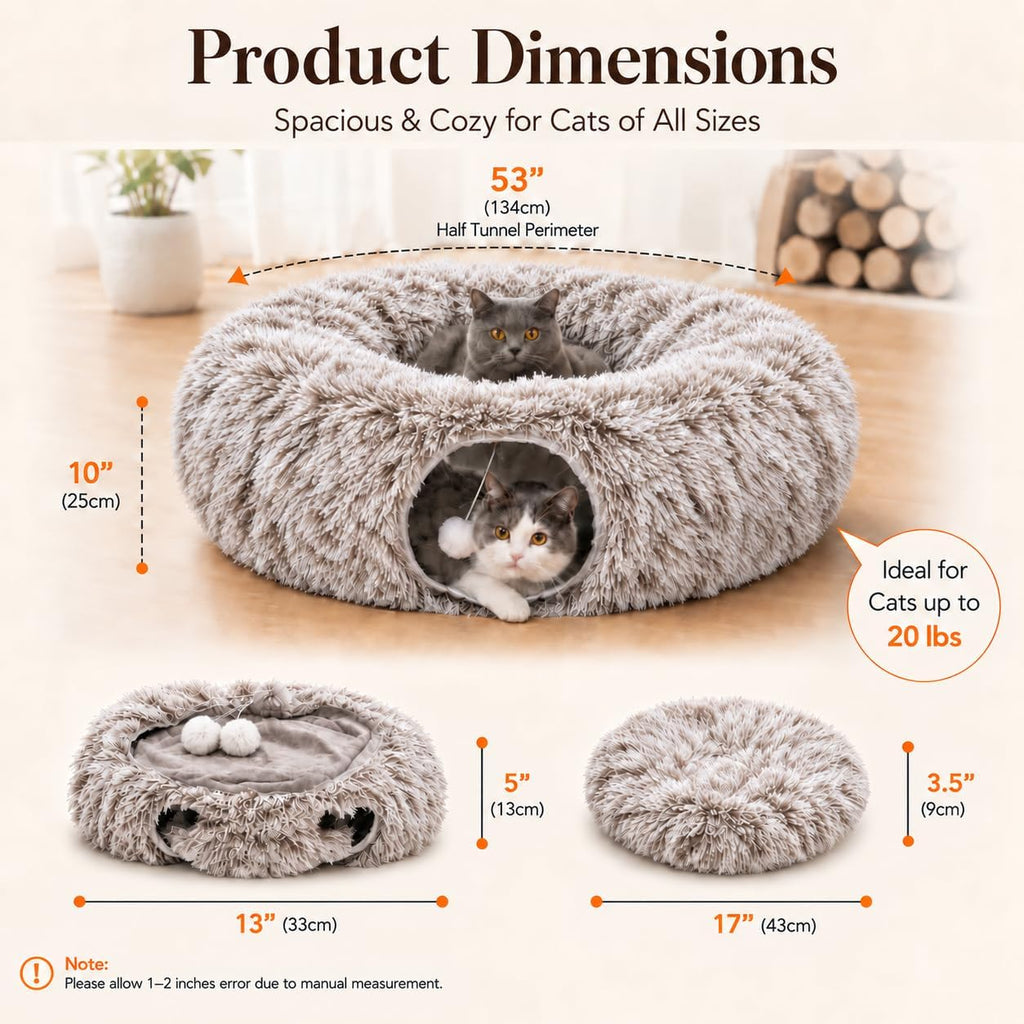 Fluffy Cat Tunnel Bed Under Christmas Tree, Plush Warm Brown