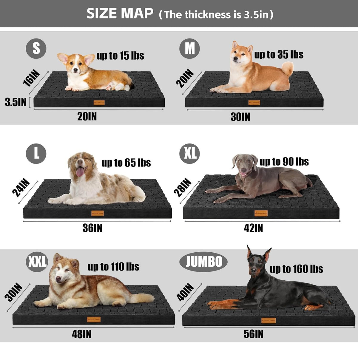 Patas Lague Orthopedic Large Dog Bed Washable Pet Crate Mat 36''X24'' Black