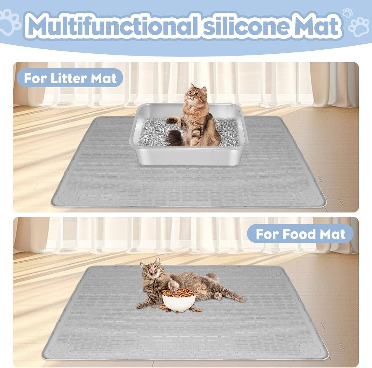 Silicone Cat Litter Mat for Litter Box 40”x28” Large Cat Mat, Light Grey