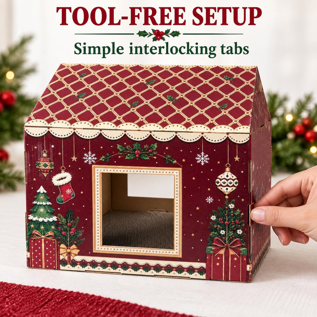 Christmas Cardboard Cat House: 2 Entrances, 2 Windows, Reversible Scratcher