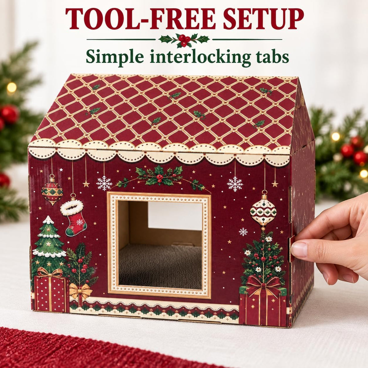Christmas Cardboard Cat House: 2 Entrances, 2 Windows, Reversible Scratcher