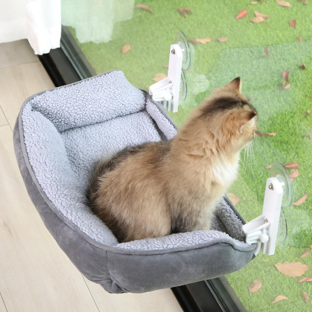Zakkart Foldable Cat Hammock for Window with Bolster - Cordless, Three-Side Bolstered Machine Washable Fluffy Bed, Robus