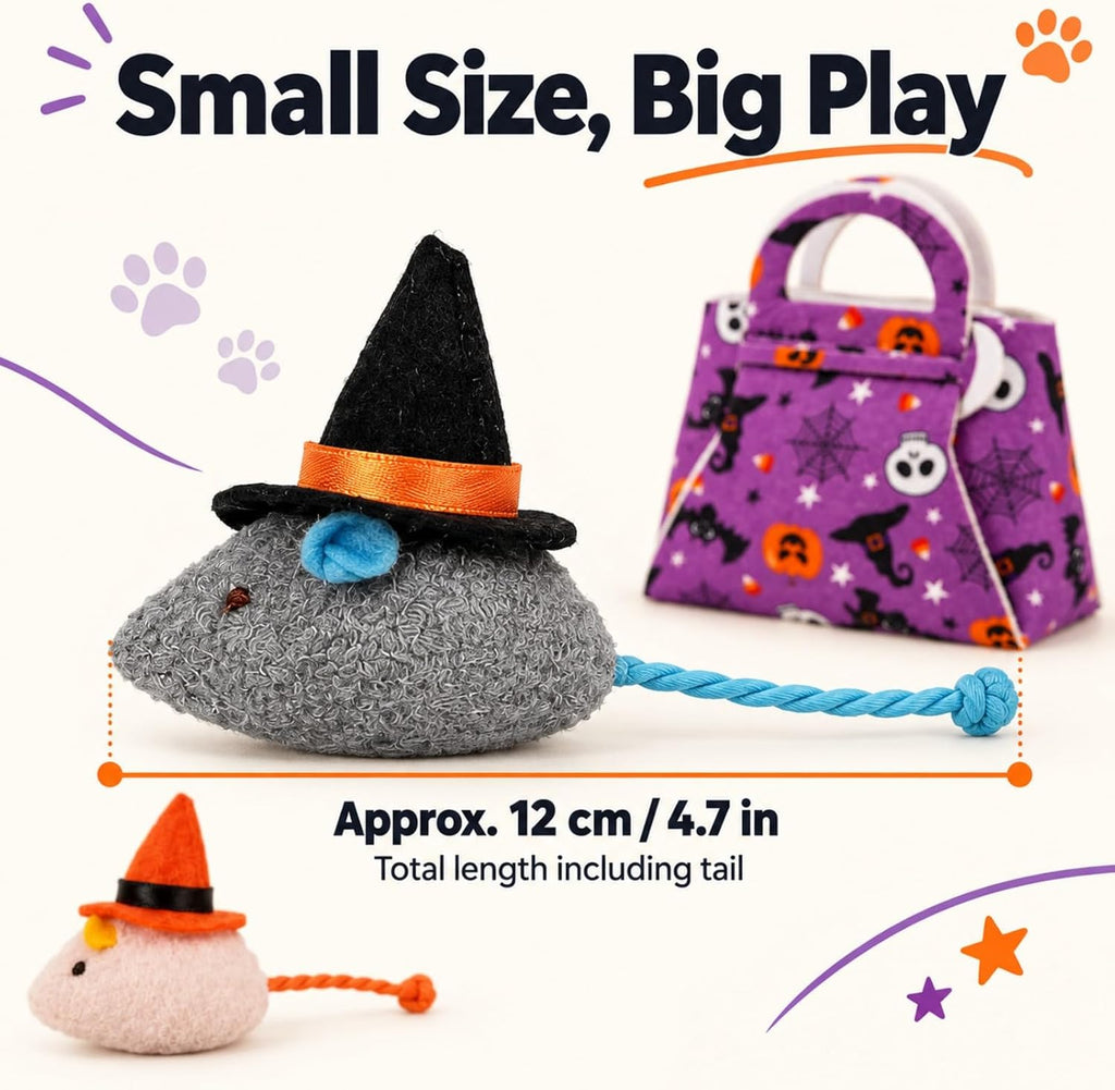 Halloween Cat Toys, 6-Pack Witch Hat Mice with Felt Gift Bag