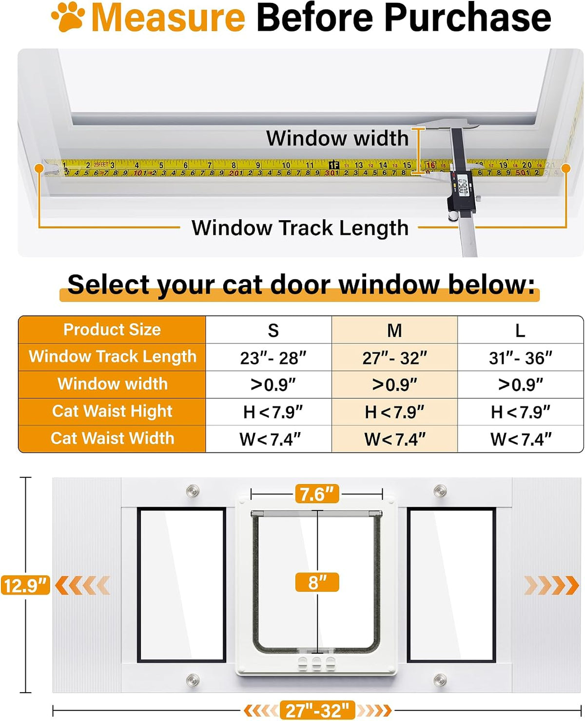 27"-32" Cat Door for Window, Flap Pet Door Fit Window Insert
