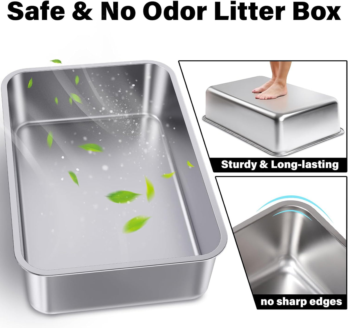 Stainless Steel Litter Box Kitten,Metal Cat Litter Box Low Entry,4" H