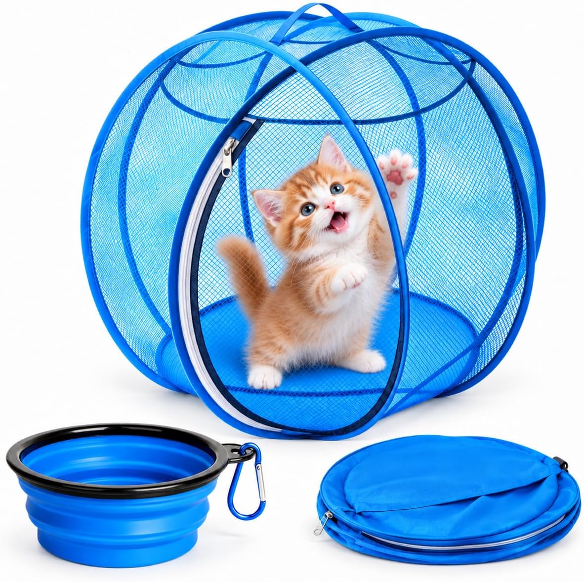 Outdoor Cat Playpen, 27-Inch Pop-Up Mesh Enclosure with Travel Bowl