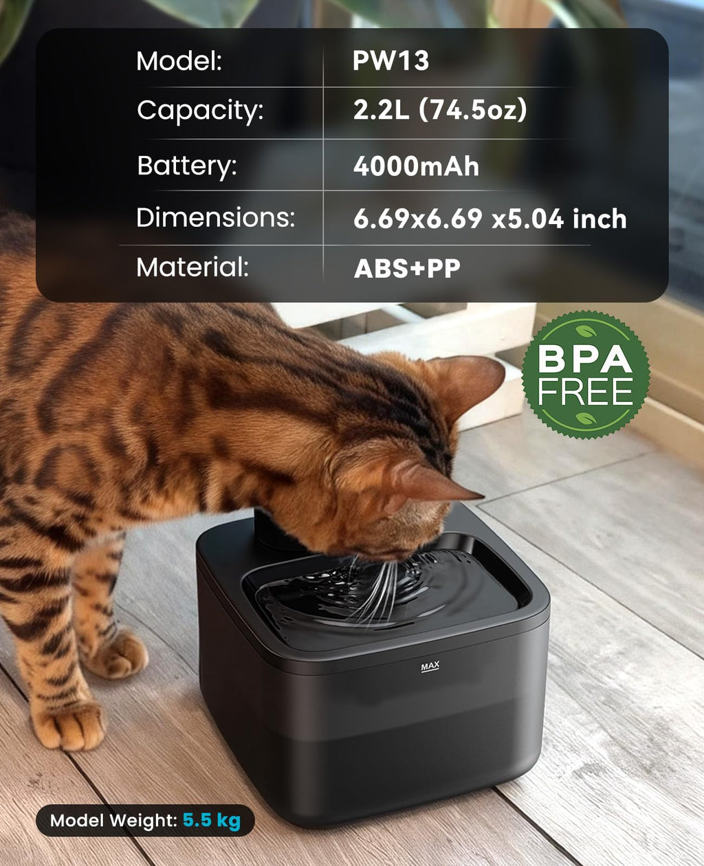 oneisall 2.2L/74oz Wireless Cat Water Fountain