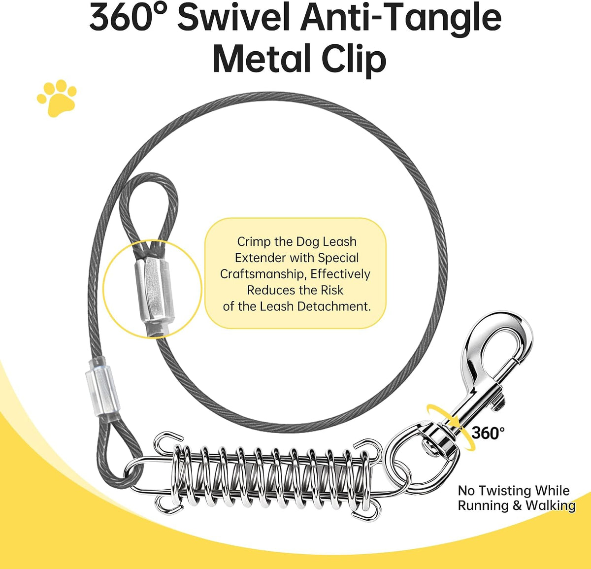Chew Proof Steel Cable Standard Dog Leash with Spring, Black, 24IN/60CM
