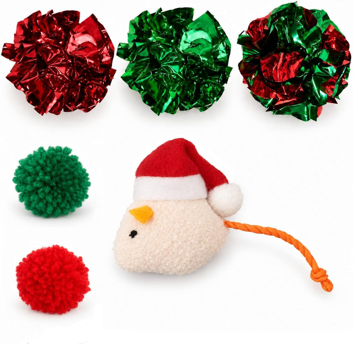 6-Piece Christmas Cat Toys, Crinkle Balls, Yarn Pom Poms & Plush Mouse