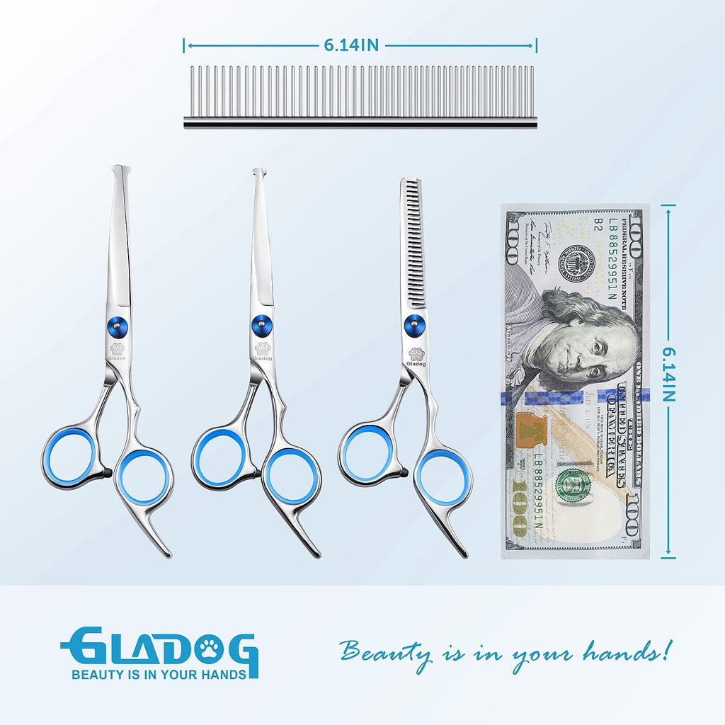 Professional 5 in 1 Dog Grooming Scissors Set with Safety Round Tips, Sharp and Heavy-duty Pet Grooming Shears for Cats
