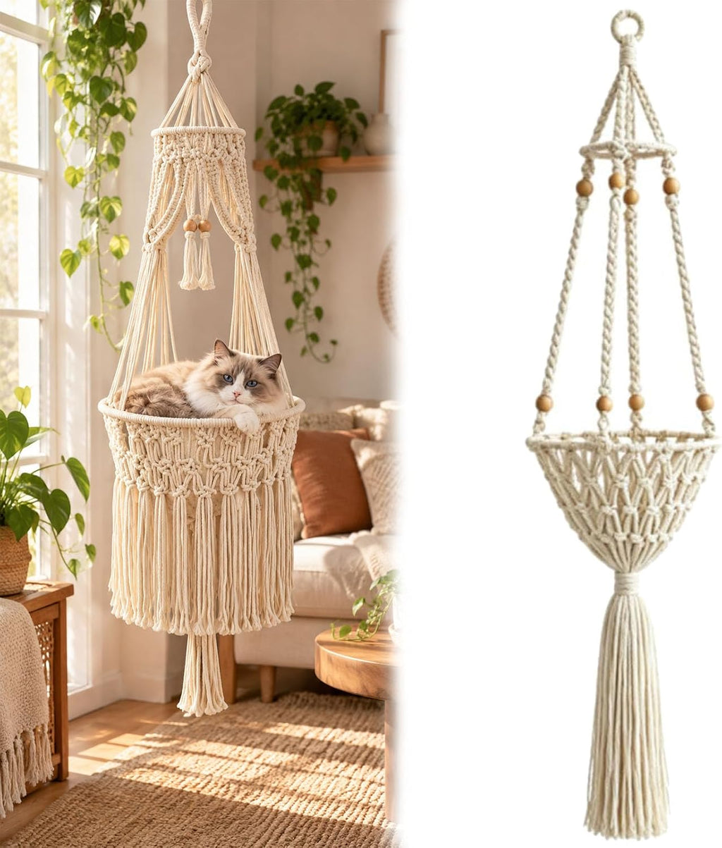 Boho Hanging Cat Bed, Macrame Cat Hammock with Plush Cushion (#A)