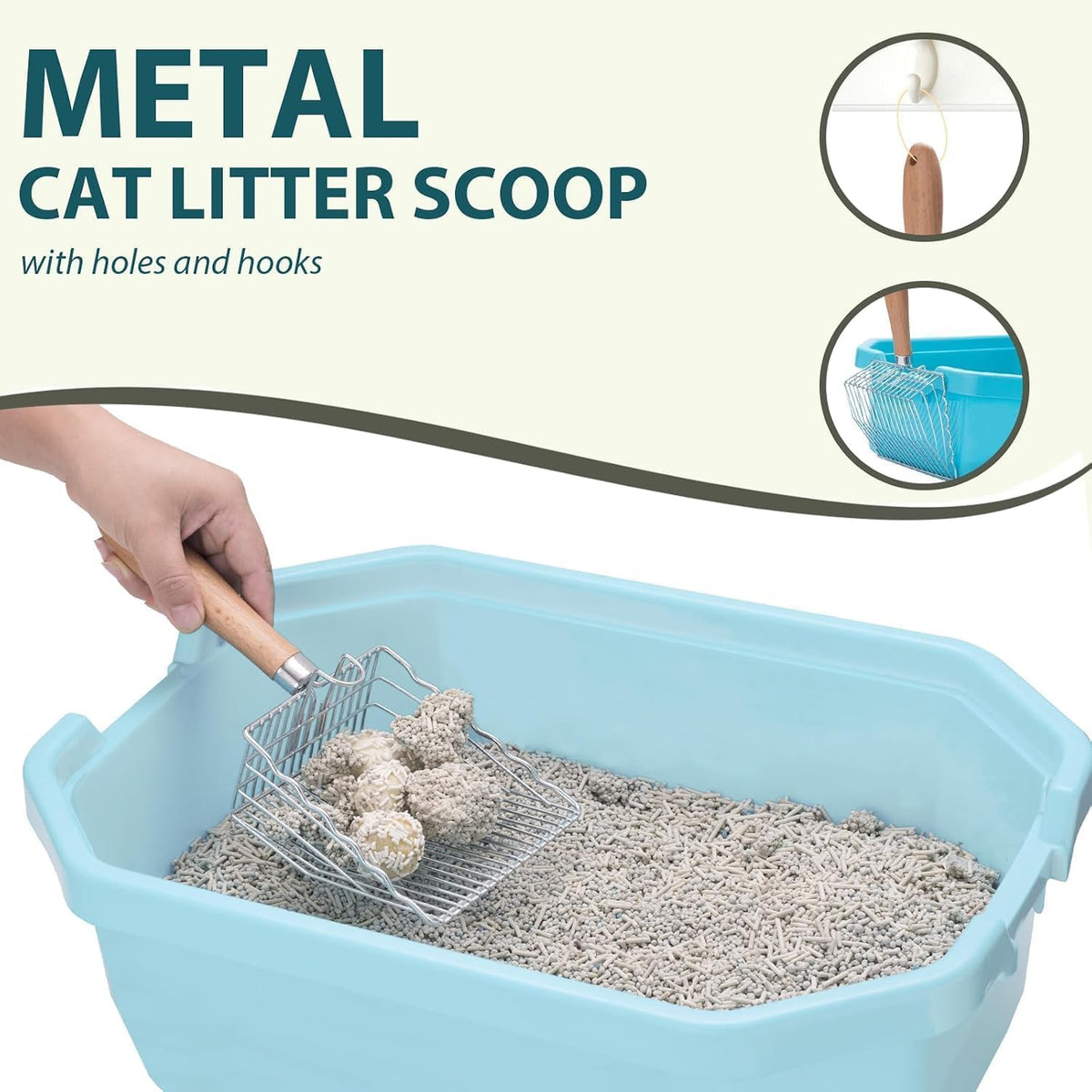 Cat Litter Scoop, Stainless Steel Kitty Metal Scooper with Hook and Hole