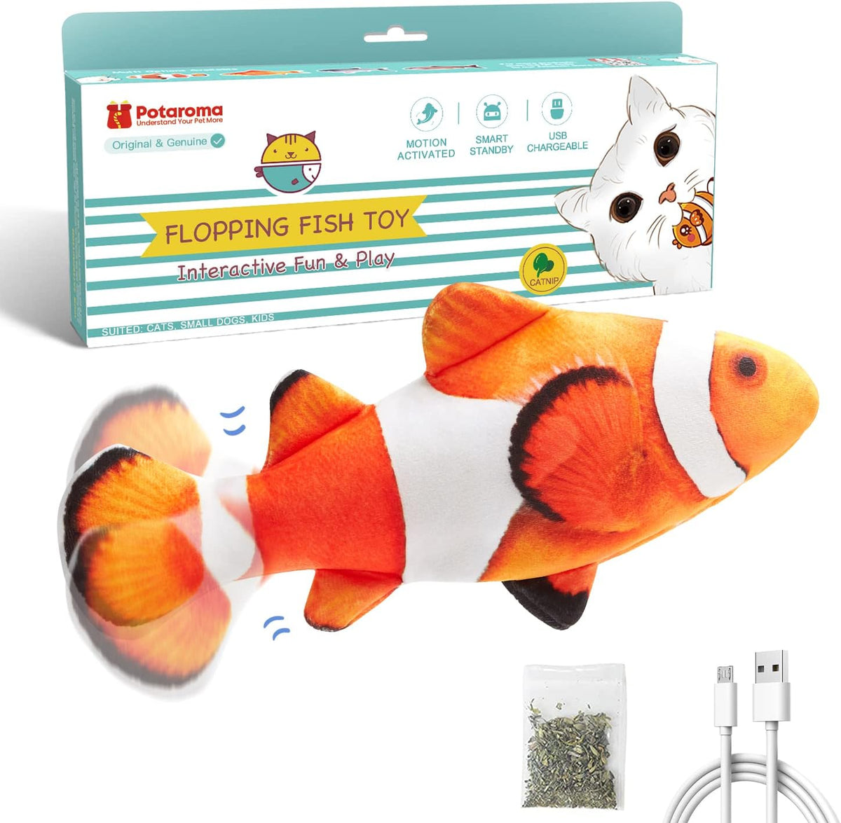 Potaroma Cat Toys Flopping Fish with Catnip, Moving Kitten Kicker, Floppy Wiggle Carp for Small Dogs, Interactive Motion