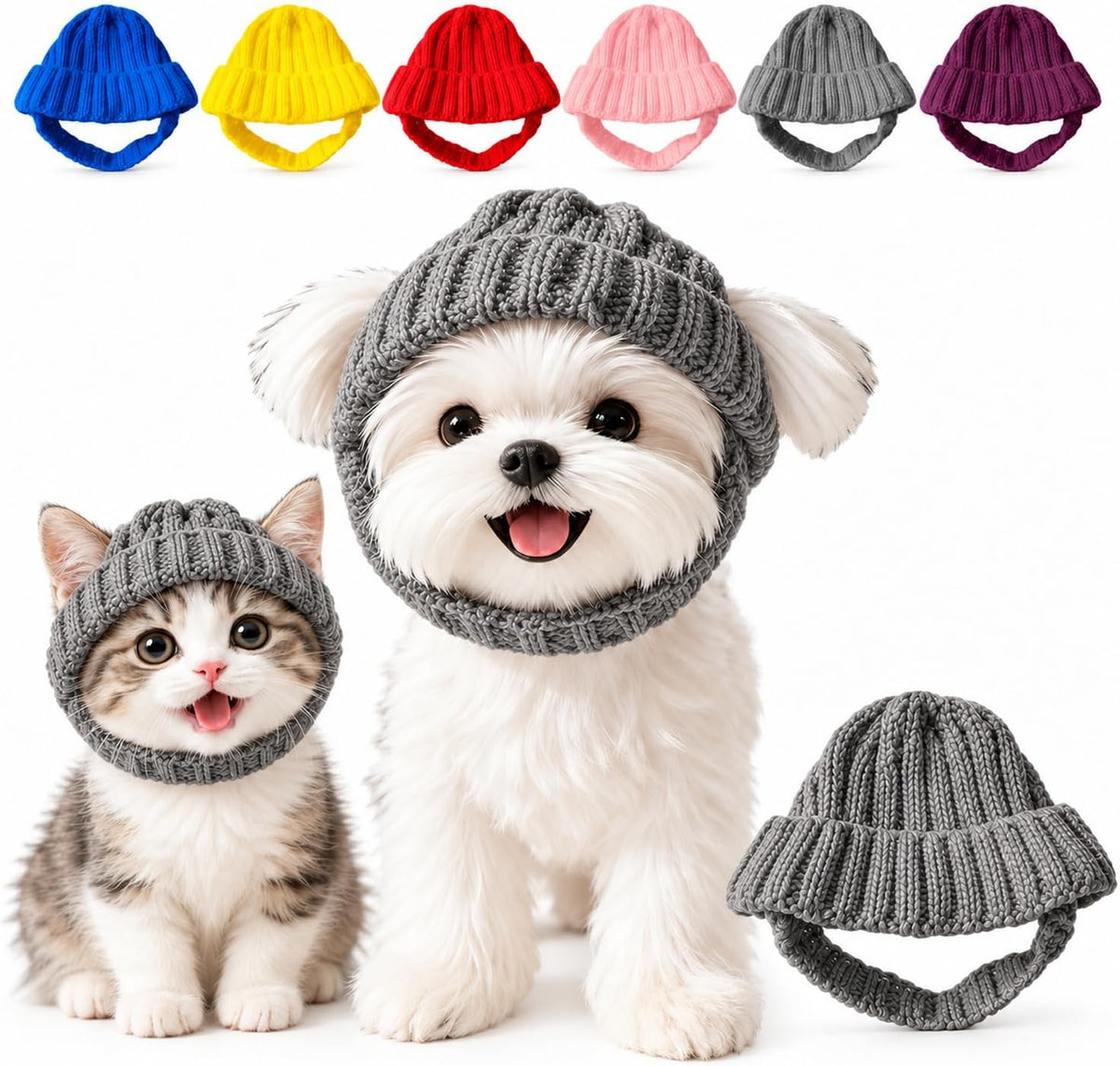 Dog Beanie Hat with Ear Holes, Purple Knitted Winter Cap for Small Pets