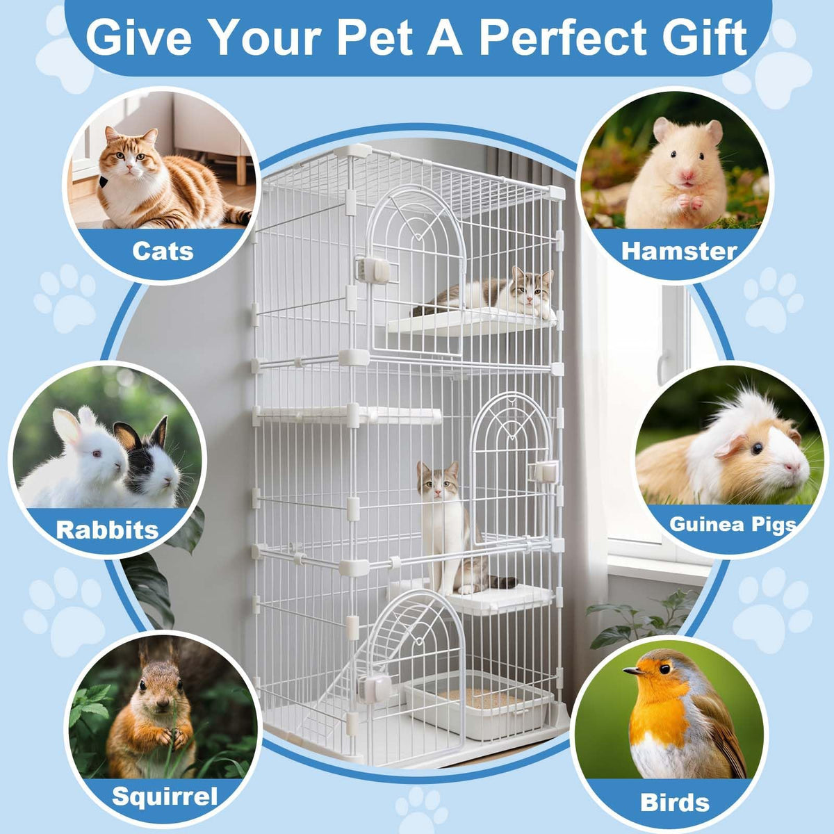 JaxShark Cat Cage for Indoor Cats, DlY Catio & Cat Playpen with Escape-Proof Spacing, Sturdy Metal Cat Crate Kennel for Kittens, Ferrets & Small Animals (White, 3-Tier 52.5")