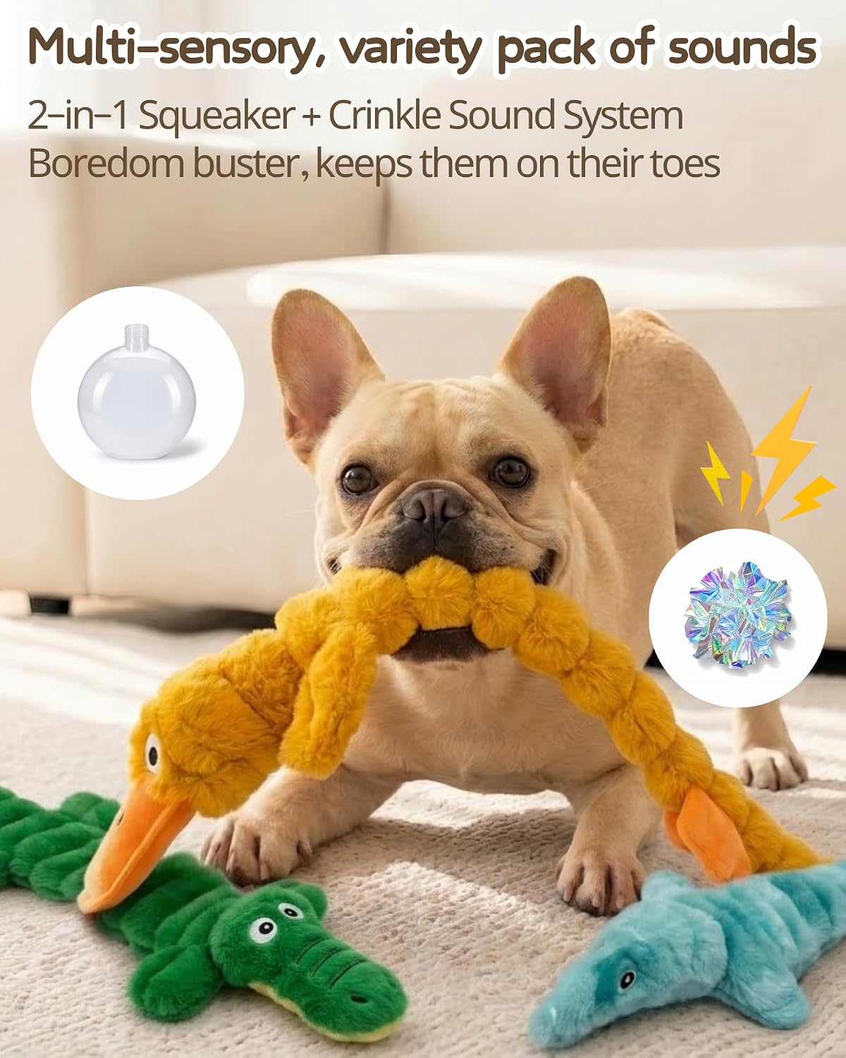 3 Pack No Stuffing Squeaky Dog Toys for Small Dogs,Plush Crinkle Toy