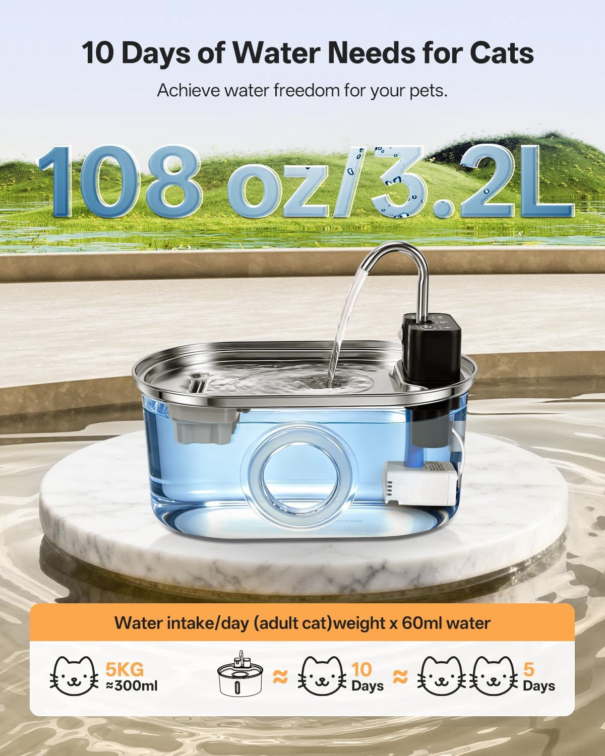 Wireless-Stainless Steel Cat Water Fountain-108oz/3.2L Pet Fountain Rechargeable & Cordless Design, Ultra-Quiet Pump-Eas