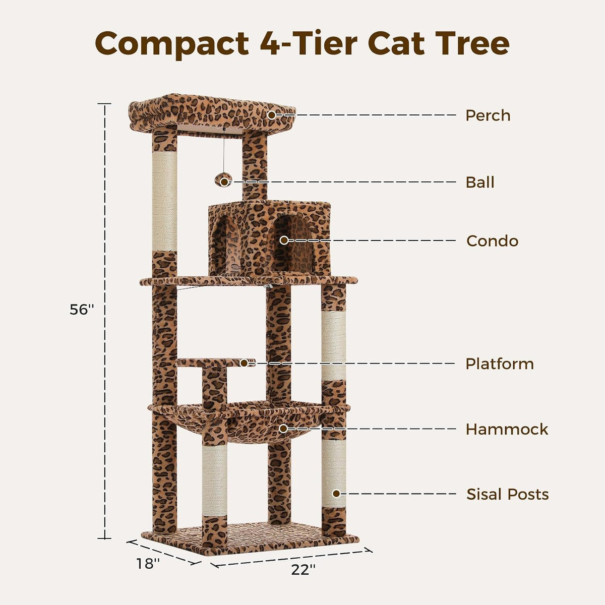 PETEPELA Leopard Print Cat Tree, 56in 4-Tier Cat Tower for Indoor Cats