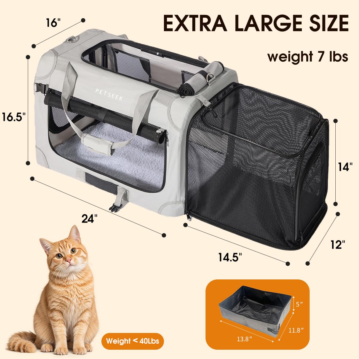 Petseek Extra Large Expandable Cat Carrier Soft Sided for Car, Portable Small Dog Carrier for 2 Cats, 24"x16.5"x16" Road Travel Folding Comfortable Design with Litter Box and Bowl